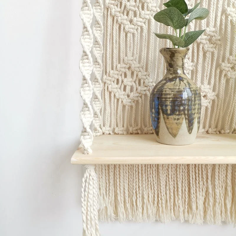 Bohemian Decorative Wall Hanging Shelves Plant Holder Hand-Woven Macrame Shelf Tapestries Rack Wooden Shelves For Wall