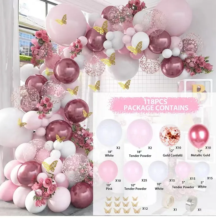 Hot Sale 121Pcs Butterfly Pink and Purple Balloon Garland Set Kids Birthday Party Party Accessories