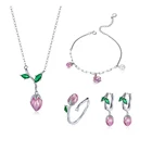 Ring Bracelet Sterling Silver S925 Pink Flower Green Leaves Earrings Ring Necklace Bracelet Jewelry Set