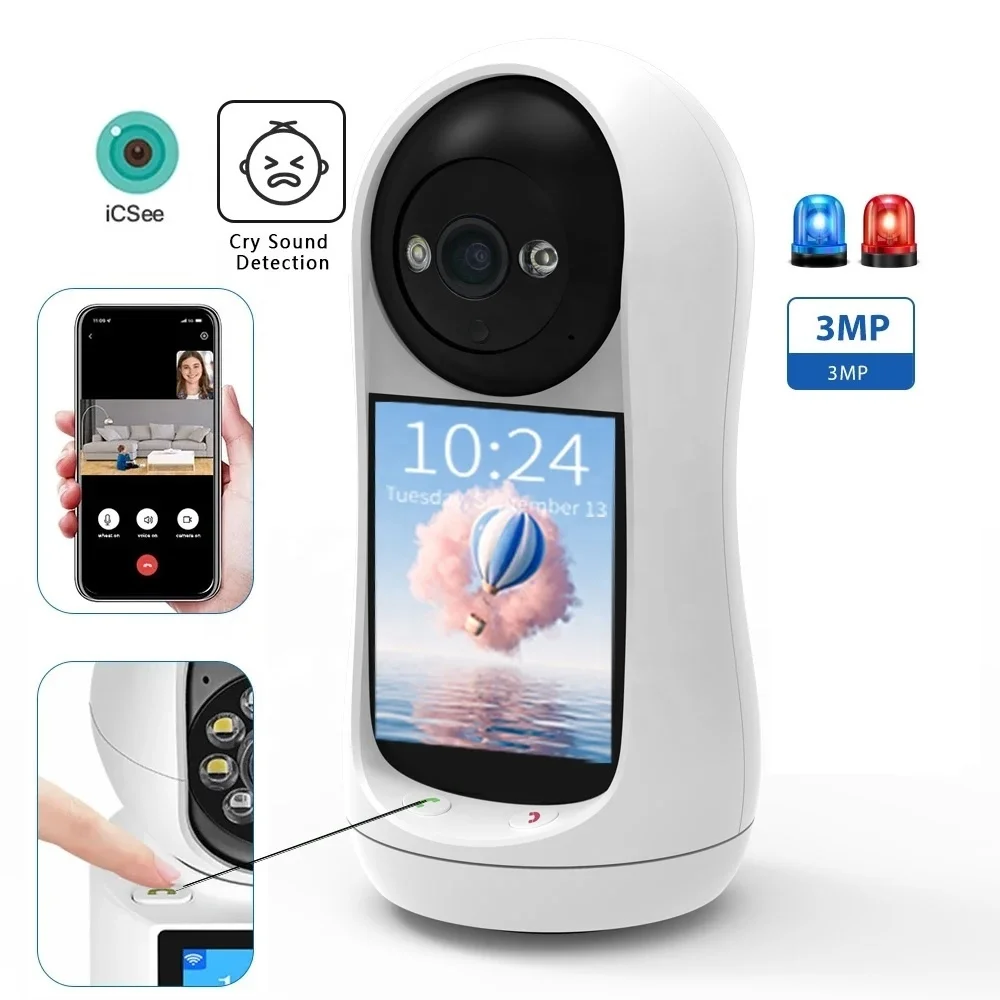 iCSee 3MP PTZ Wifi Camera Video Call with 2.8 Inch IPS Screen Baby Cry Sound Detection Security IP Camera Baby Monitor iCSee