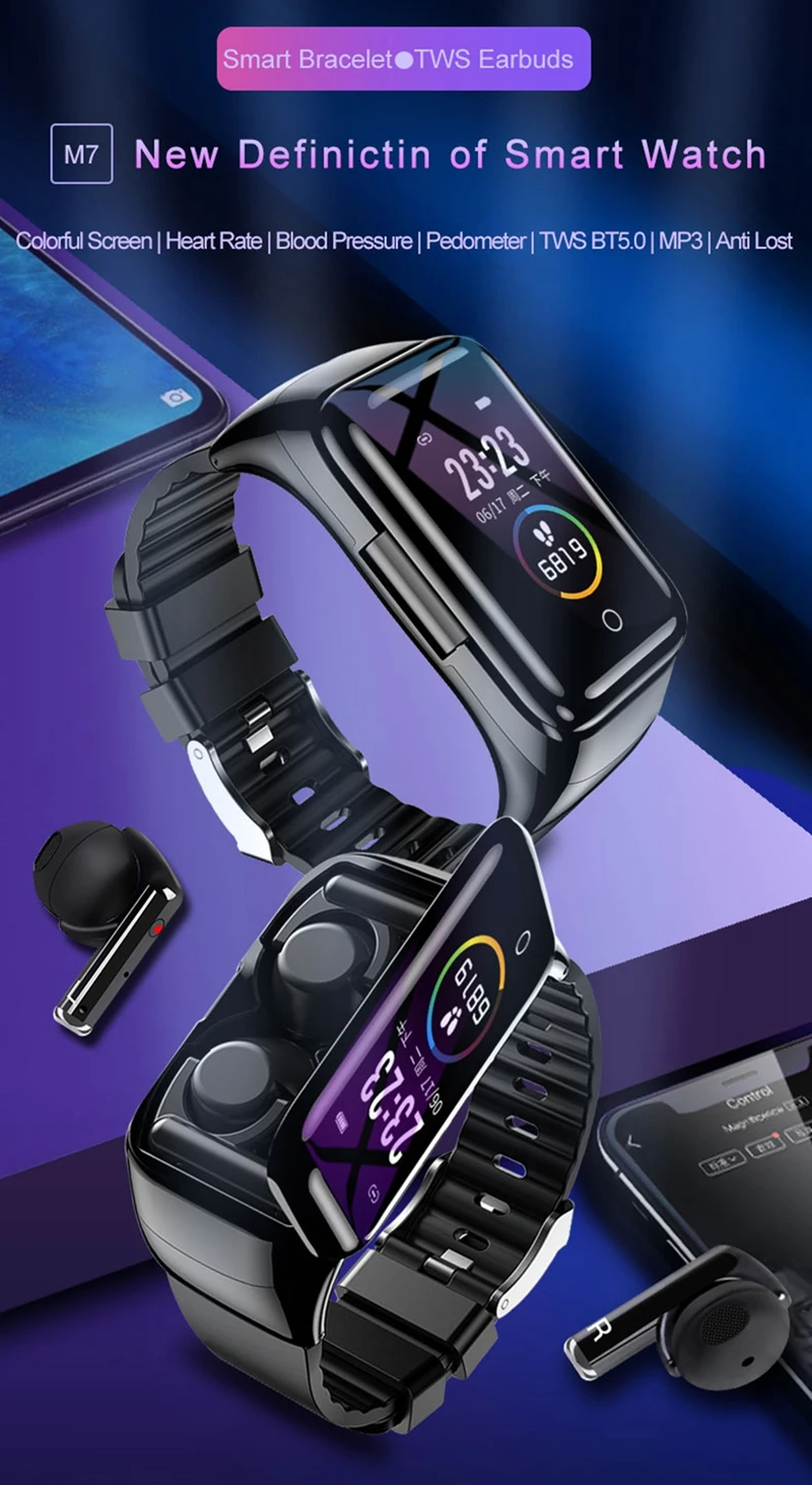 2020 Men And Women Fitness Tracker Smartwatch M7 Smart Watch With Bluetooth Earphone TWS