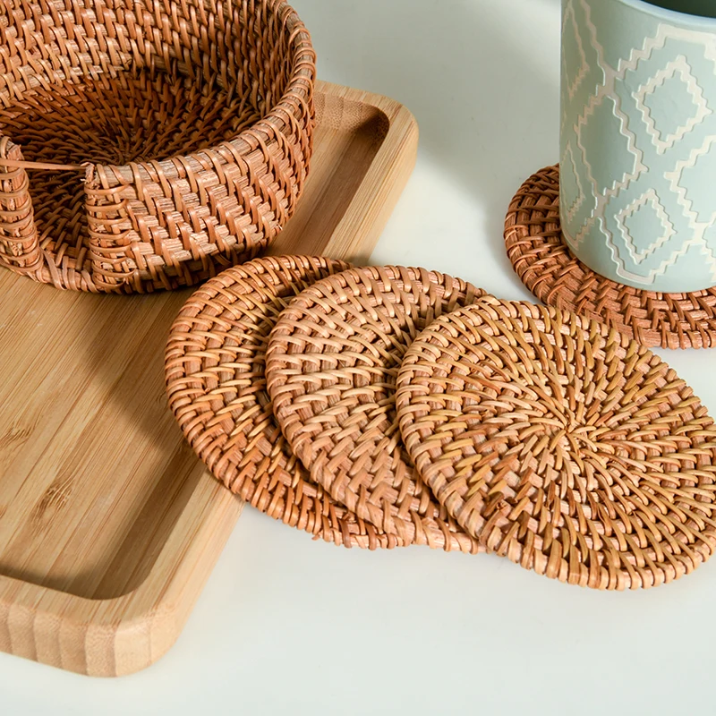 Handmade Natural Rattan Coasters For Drinks Wicker Boho Coasters Woven