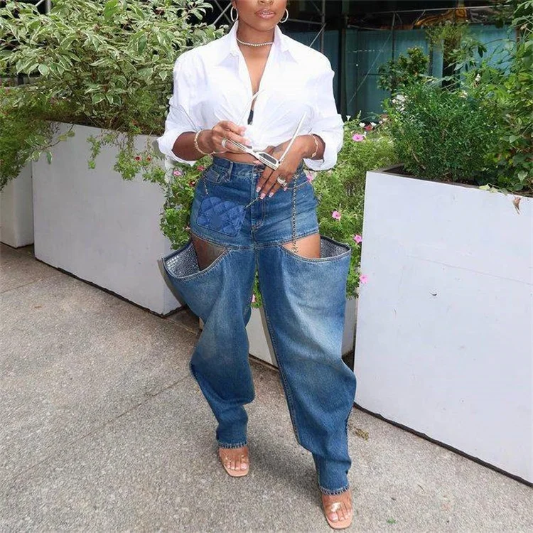 Women Streetwear Fashion Cutout Side Zipper Fly Denim Pants 2023 Fashion Style Cargo Jeans