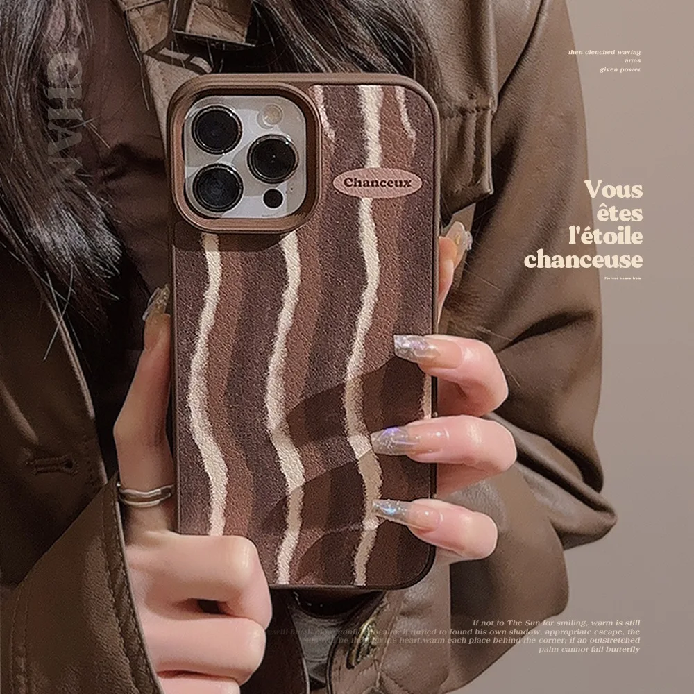 Brown Striped Phone Cases for iPhone 15 14 13 12 11 pro max Retro Premium PU Leather Anti-drop Hard Mobile Cover