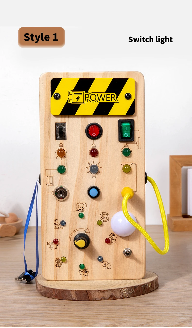 Kinder-Lernspielzeug, elektronisches LED-Licht, Baby-Holz-Sensorik-Beschäftigungsbrett, Zubehör, Montessori-Spielzeug für Kleinkinder, Herstellung