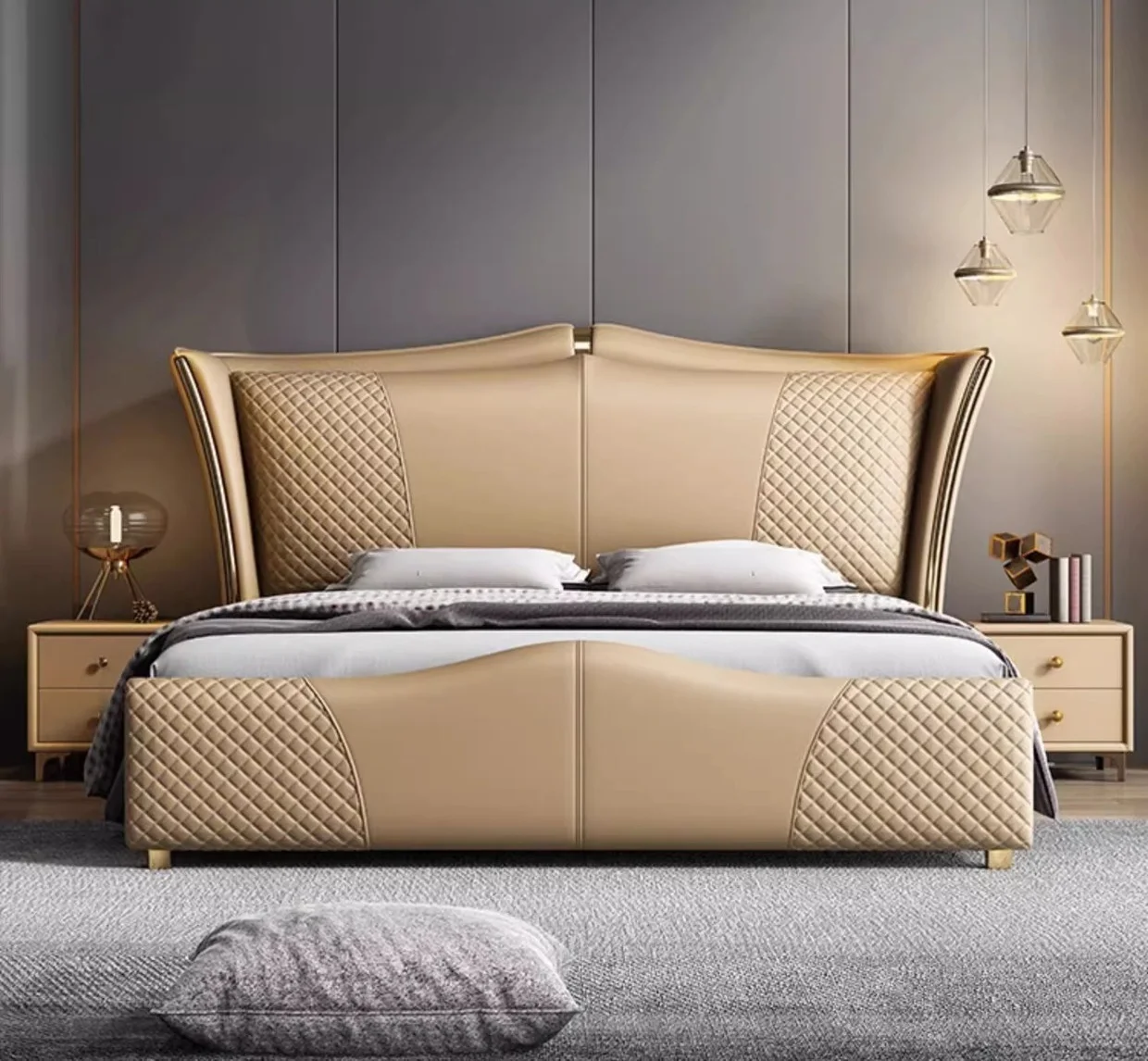 Luxury King Size Modern Leather Bed Frame High Double Bed Upholstered Leather Headboard Quality Manufacturers Bedroom Furniture