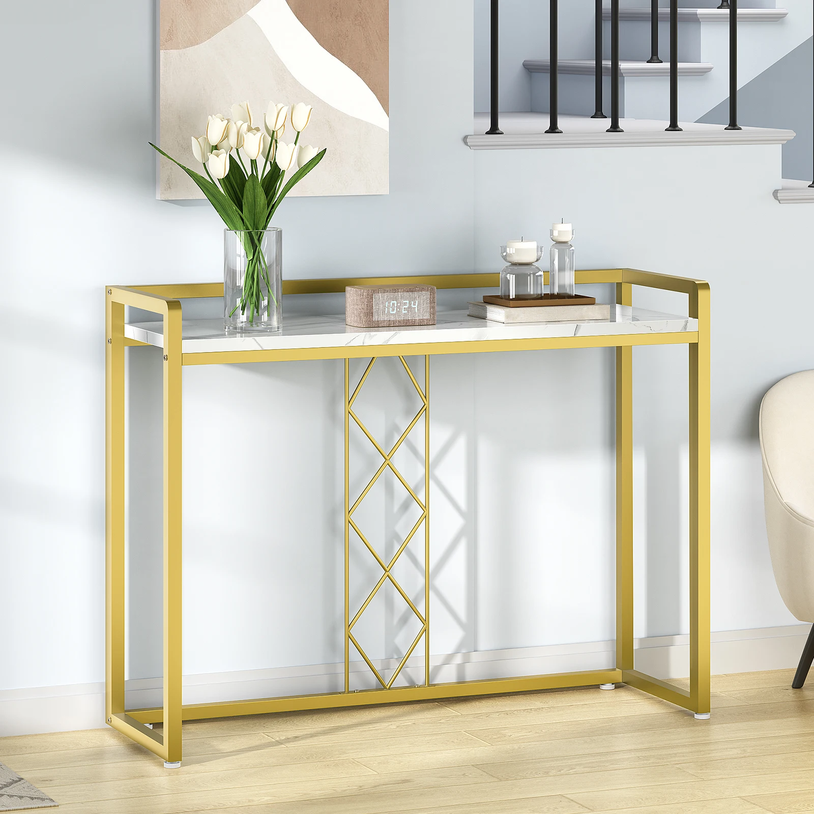 Wholesale Modern Design White and Gold Narrow Marble Top Wood Console Table Sofa Table with Metal Frame for Foyer Living Room