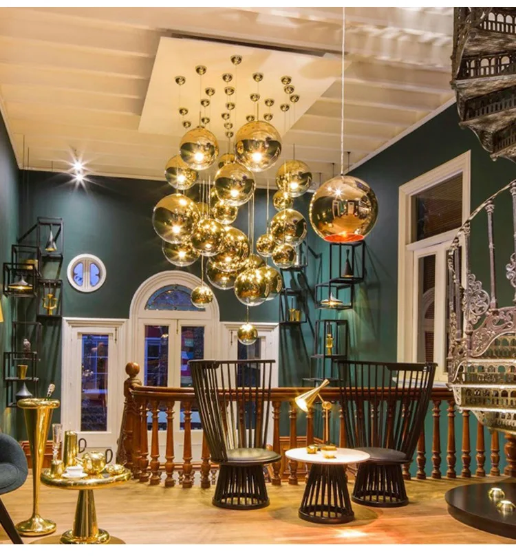 Modern Decoration Mirror Glass Ball Light Gold Brass Lighting Pendant Lamp