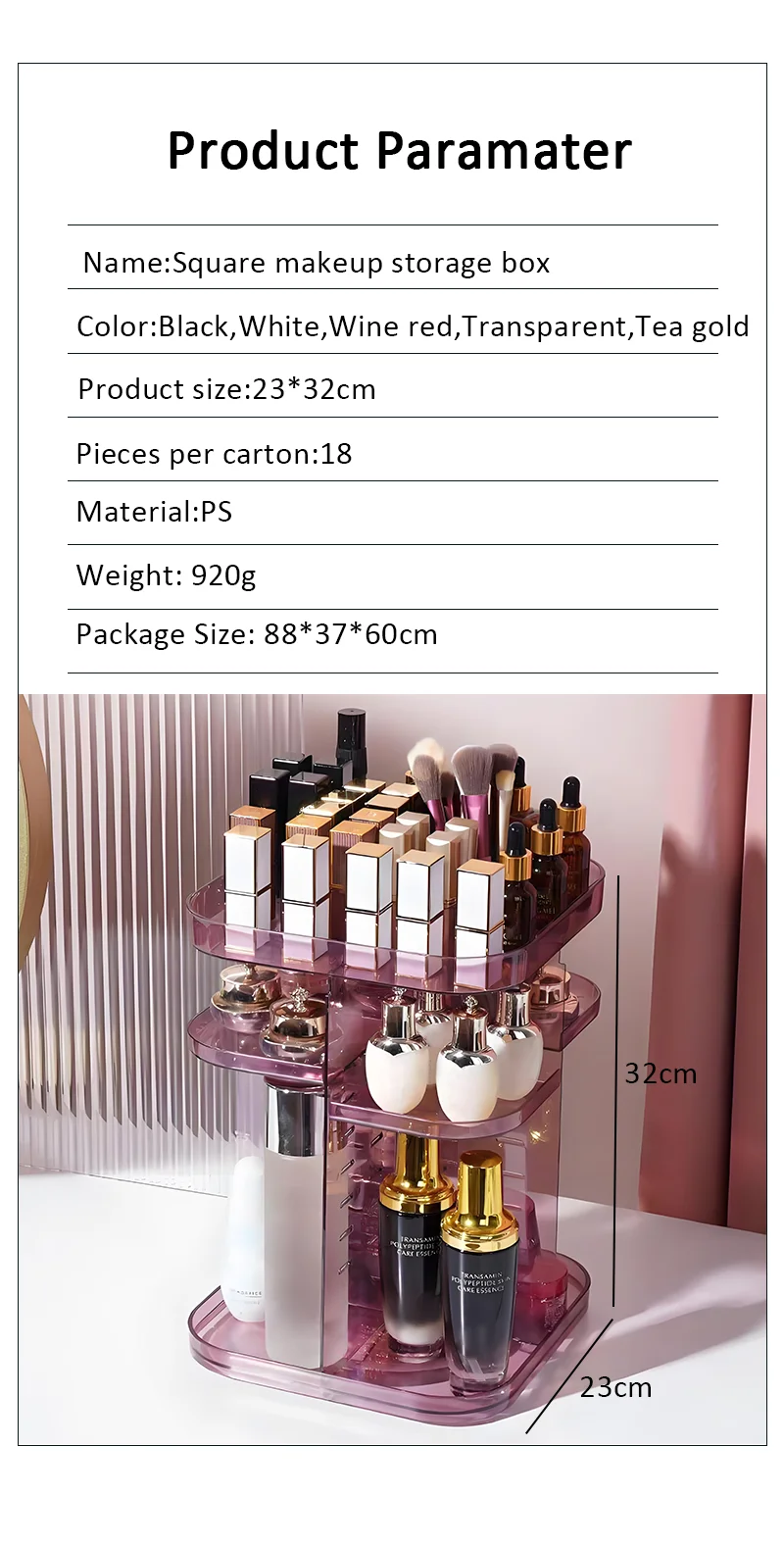 product hot sale 360 degree rotating transparent environmentally friendly ps plastic adjustable cosmetic make up brush organiser-4