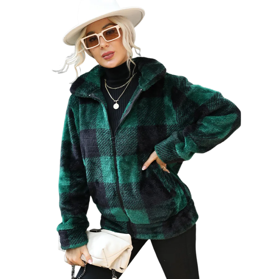 Wholesale 400g High Quality Plaid Pattern Women Clothes Winter Coat Flap Pocket Thick Warm Fleece Jacket For Women