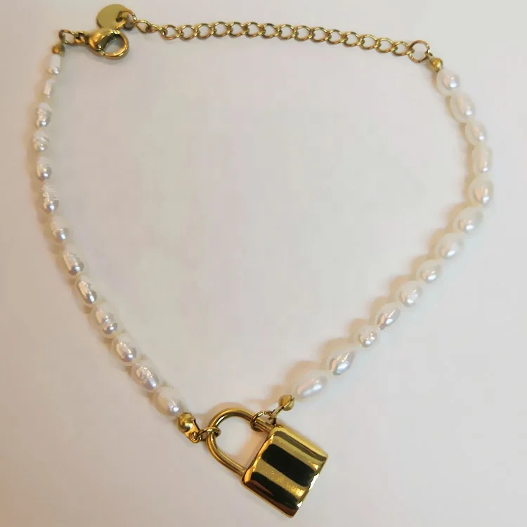 Latest 14K Gold Plated Stainless Steel Jewelry Pearl Padlock Bracelet B202210