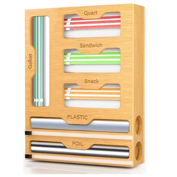 Bag Organizer and Plastic Wrap Dispenser with Cutter, 6 In 1 Bamboo Foil and Plastic Wrap Organizer for Kitchen Drawer