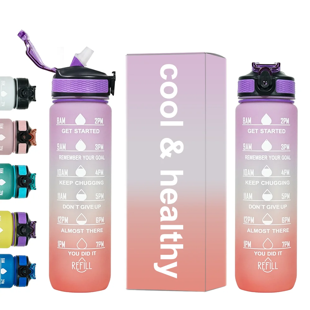 Frosted Tritan Plastic Bottle 1Liter Marked Design 32 oz Motivational Water Bottle With Time Marker Reminder