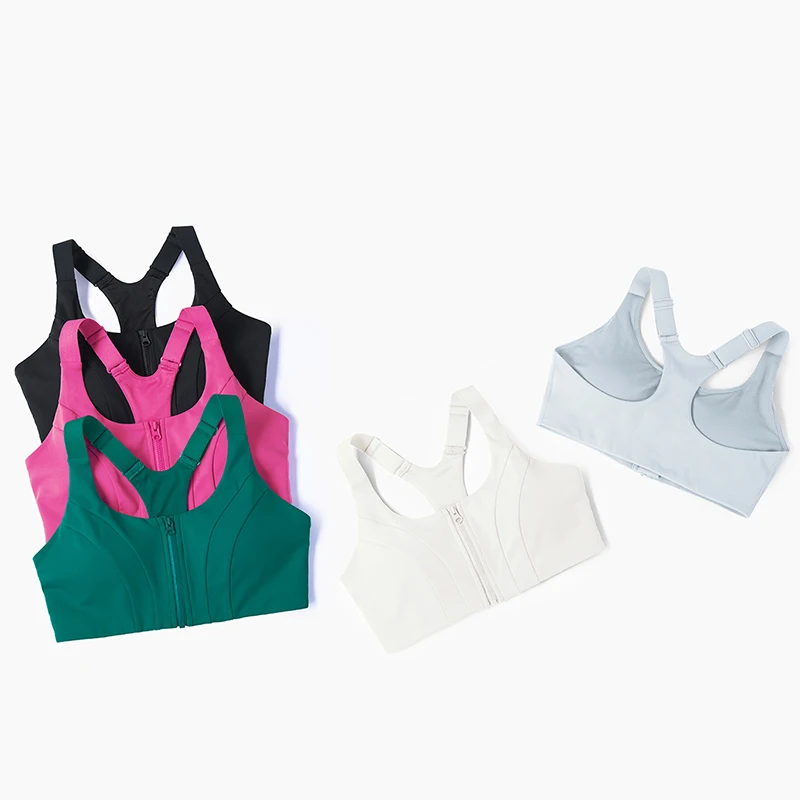 Private Label High Impact Fitness Sportswear Running Push Up Sports Bra Shiny Front Zipper Yoga Bra for Women