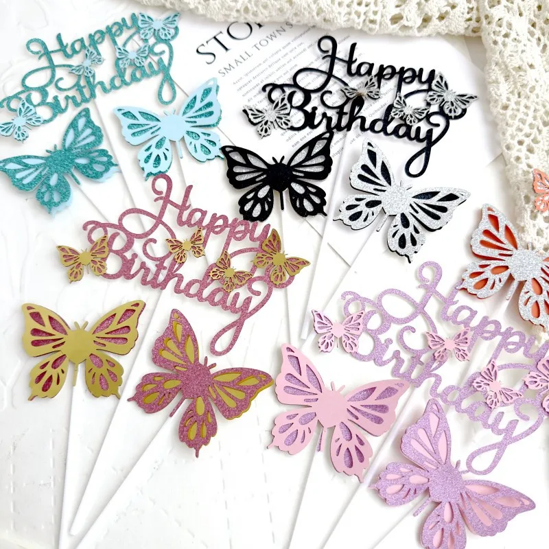 Shiny paper double butterfly Happy Birthday cake decoration party dessert table baking cake topper