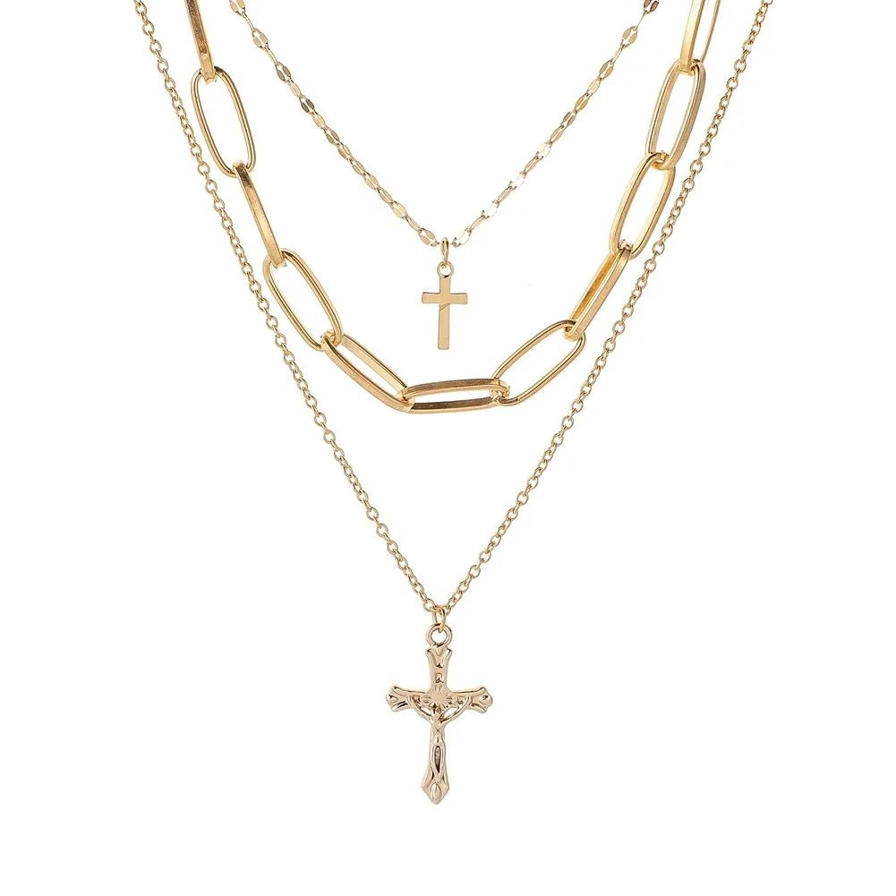 Exquisite fashion double cross pendant trend multi layer necklace luxury women accessories