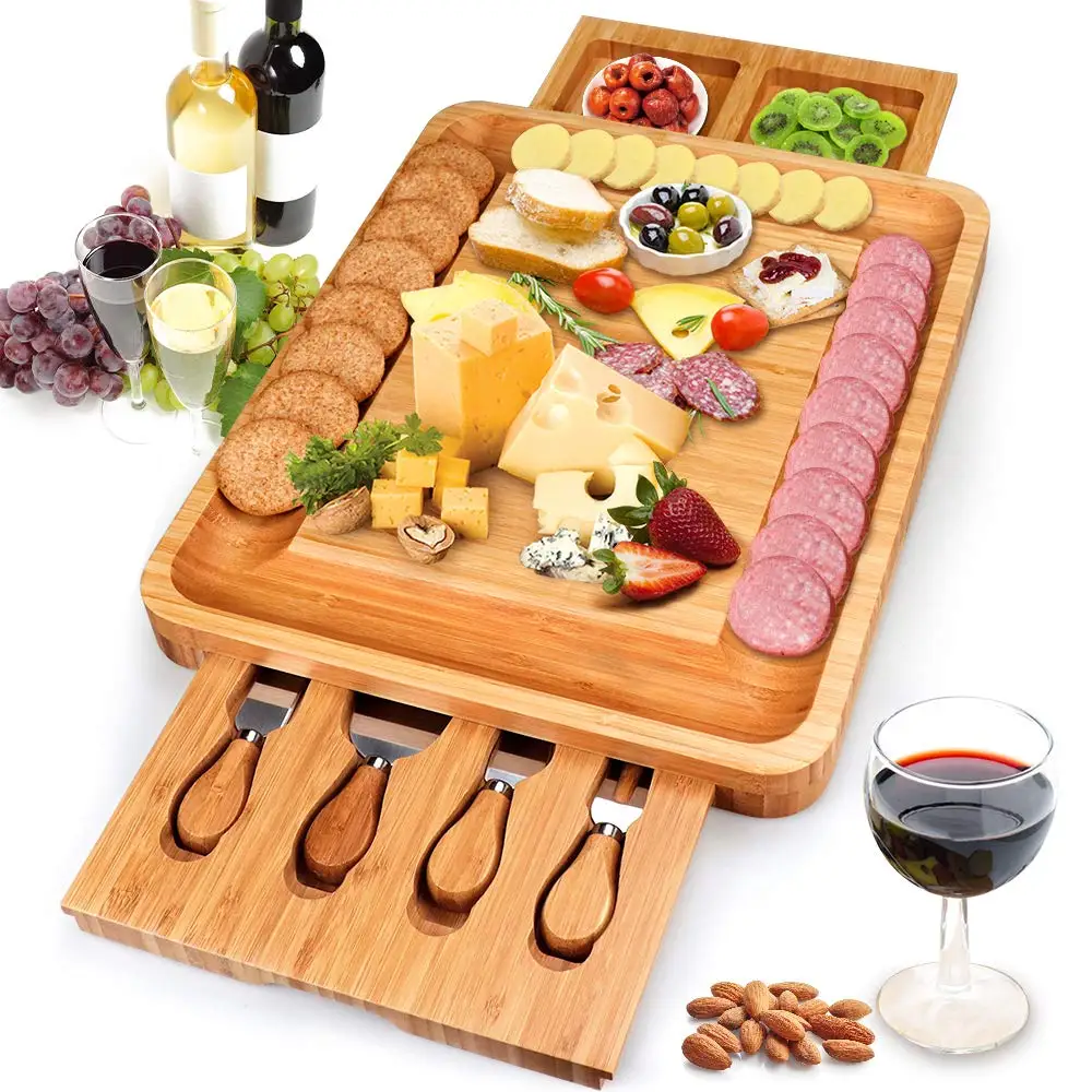Bamboo Cheese Board with Plate Utensils Set and 4 Stainless Steel Cutting Knives for Display, Decorations