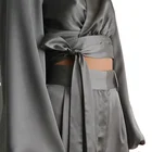 Ladies Top Satin Blouses Custom Satin Balloon Sleeve Blouse Ladies Fashion Overlap Front Tie Waist Crop Top