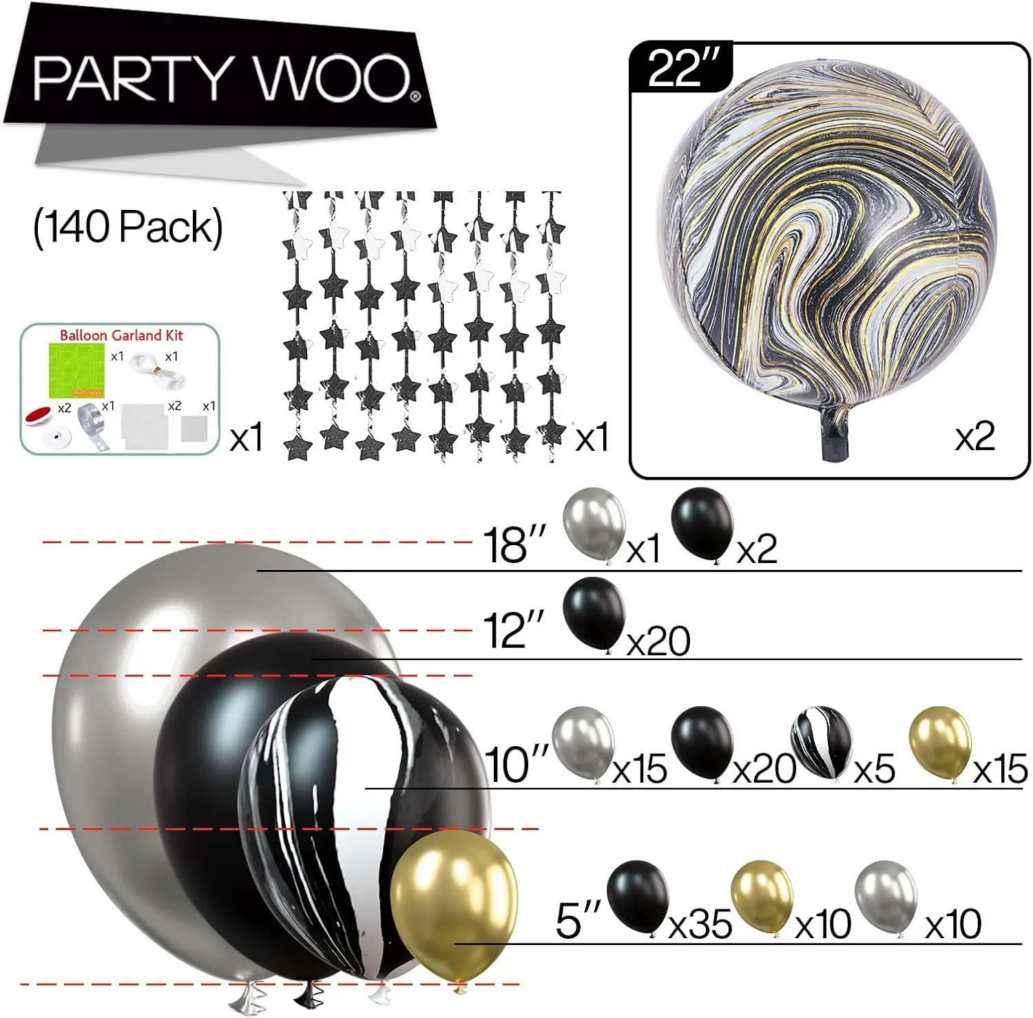 PartyWoo Black Gold and Sliver Balloons 140pcs Birthday Party Black And Metallic Gold Balloons 18Inch 12Inch 10Inch 5Inch