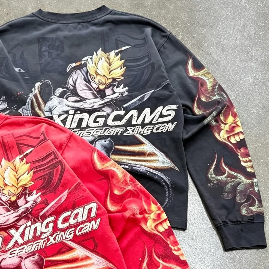 product custom men vintage washed distressed anime all over print cropped long sleeve t shirt dtg print oversized high street tee odm728-6