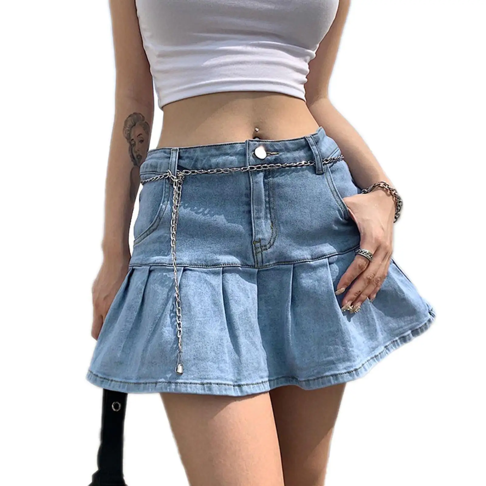 2023 Womens Denim Summer Fashion High Waist Pleated Bottom Mini Skirts Skinny Ruffles Short Jean Falda Blue Jeans Skirt