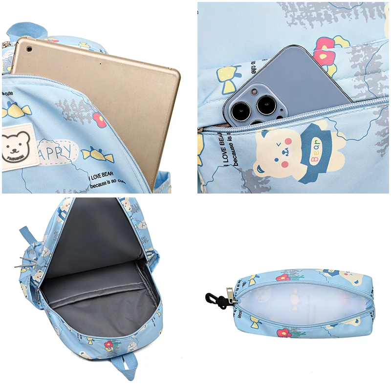 Hot selling light weight bear printing school knapsack 2 in 1 set backpack rucksack bag for girl