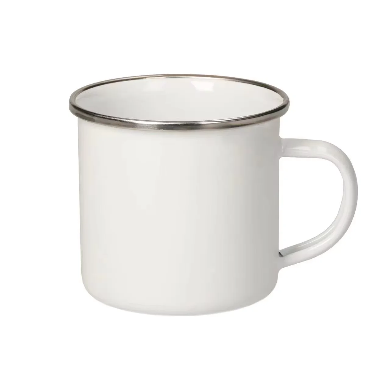 High quality personalized custom logo outdoor 12oz Enamel Camp Mug White Enamel Camping Coffee Mug with Handle Silver Rim