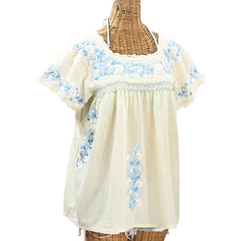 MANNI Women's Embroidered Peasant Blouse Distressed Vintage Boho Cotton Smocking Top mexican blouses