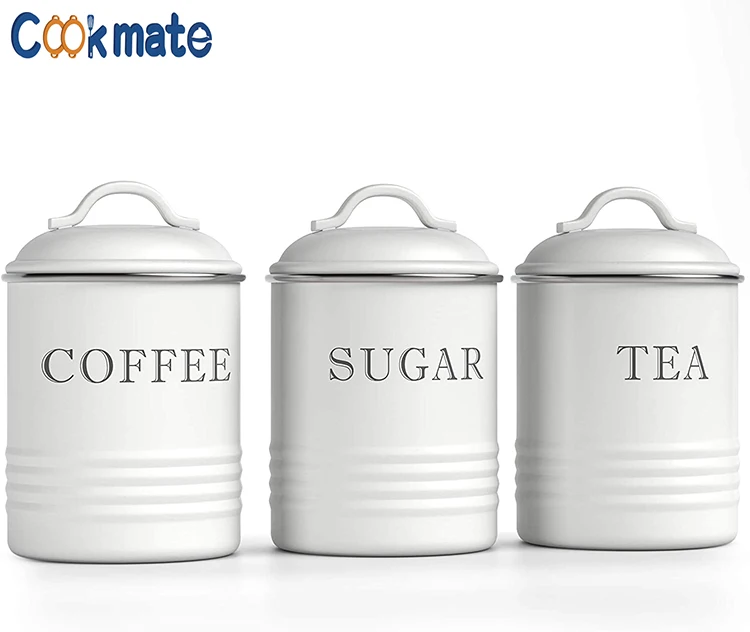 3 Set Air Tight Lid Tea Coffee Sugar Ceramic Container Kitchen Jars Metal Tray 