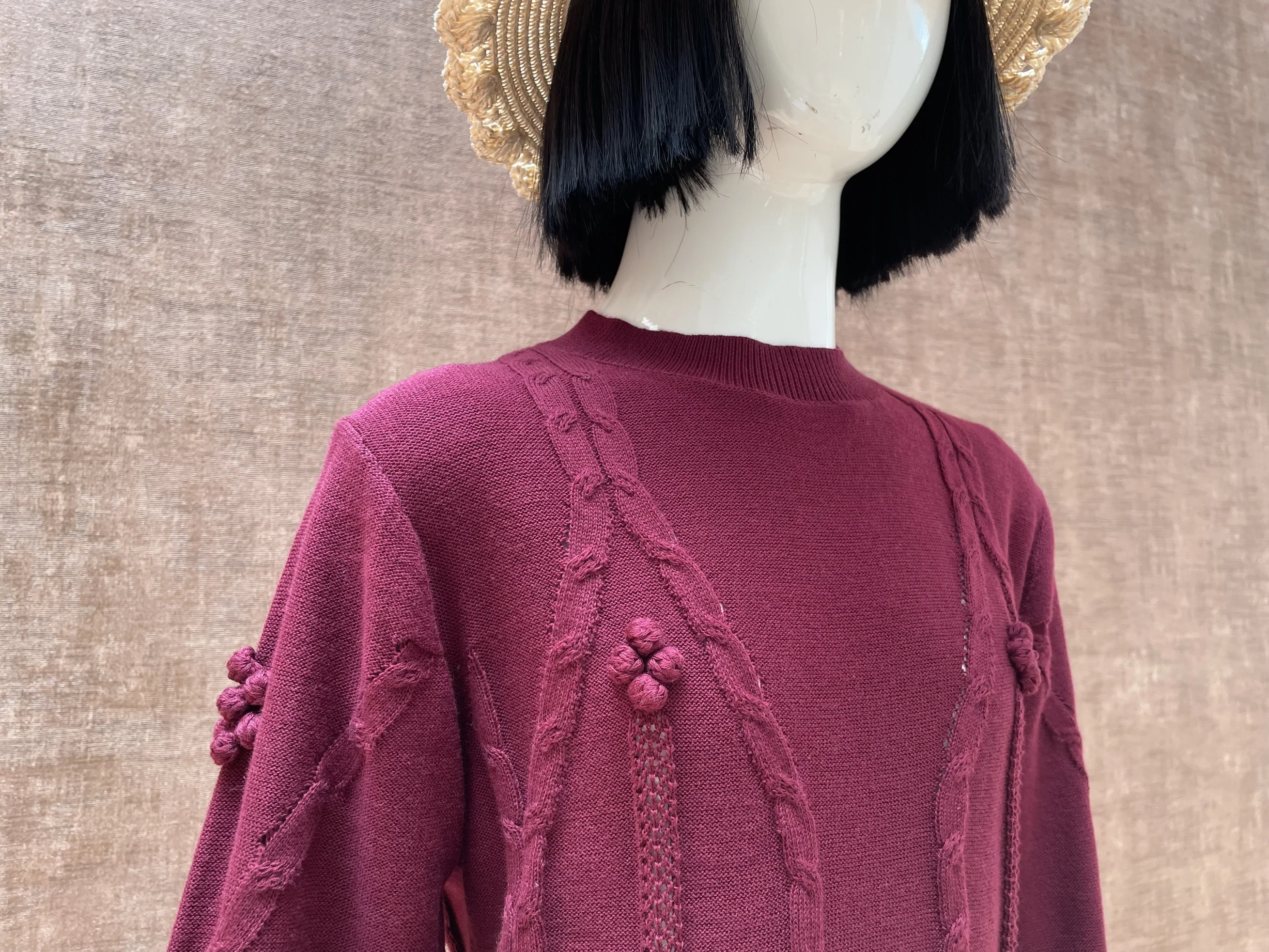 OEM ODM  new design burgundy flora knitted o-neck collar pom pom  soft winter Girls kids cardigan