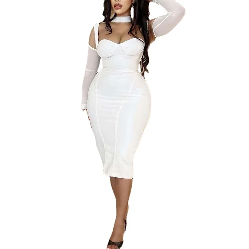 New arrival women's solid color sexy breast-wrapped evening dress mesh splicing hip-covering slit long-sleeved dress