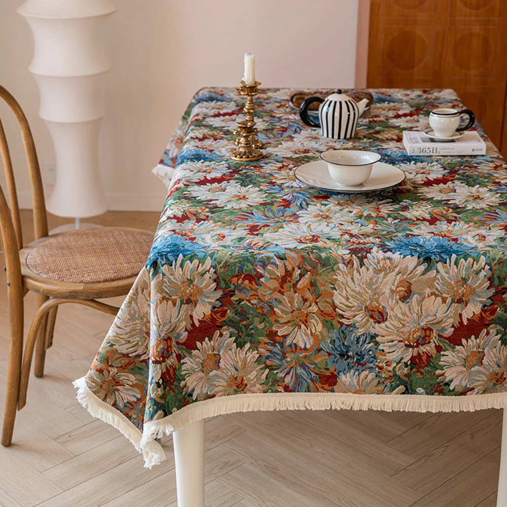 Retro Pastoral Style Cotton Linen Floral Antislip Tea Space Living Room Canteen Rectangle Household Tablecloth