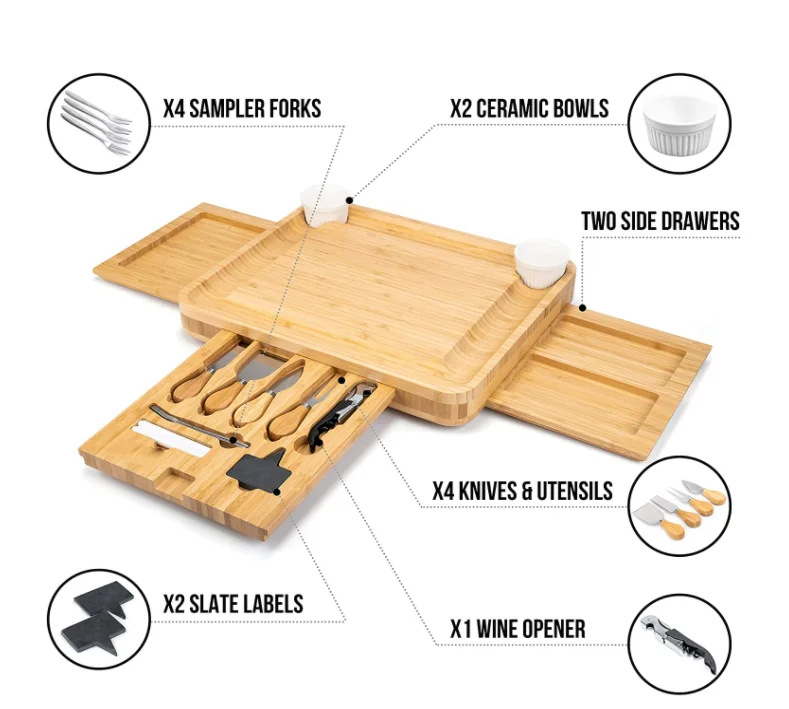 Manufacturer Price Bamboo cheese cutting board set with knife set for Wine, Cheese, Meat
