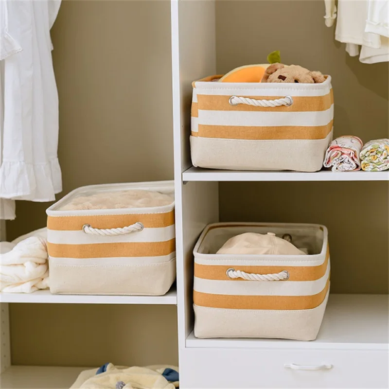 stripe Storage Shelf Baskets Organizer Fabric Basket with Handles Collapsible Cotton Linen Fabric Baskets Kids Toy Storage
