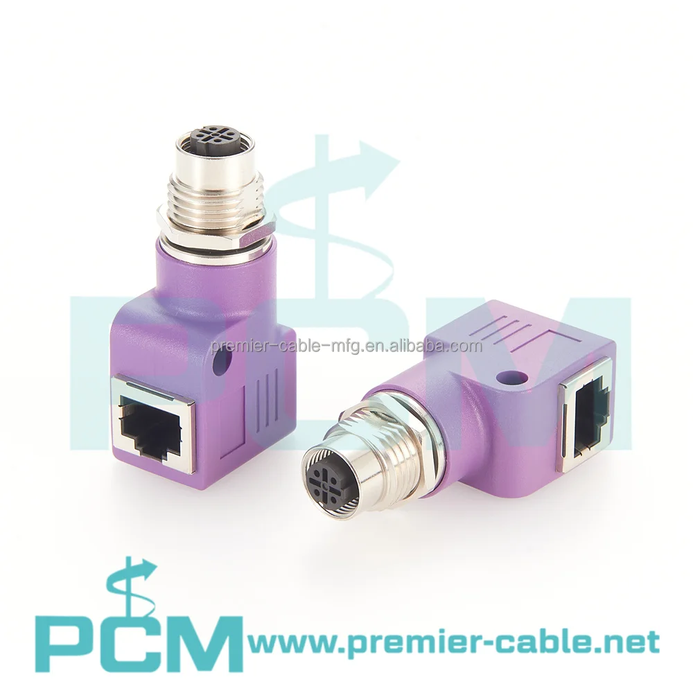 အလိုအလျောက်စနစ် M12 D-Code 4Pin Female မှ RJ45 ညာဘက်ထောင့် အကွက်အဒပ်တာအသေးစိတ်