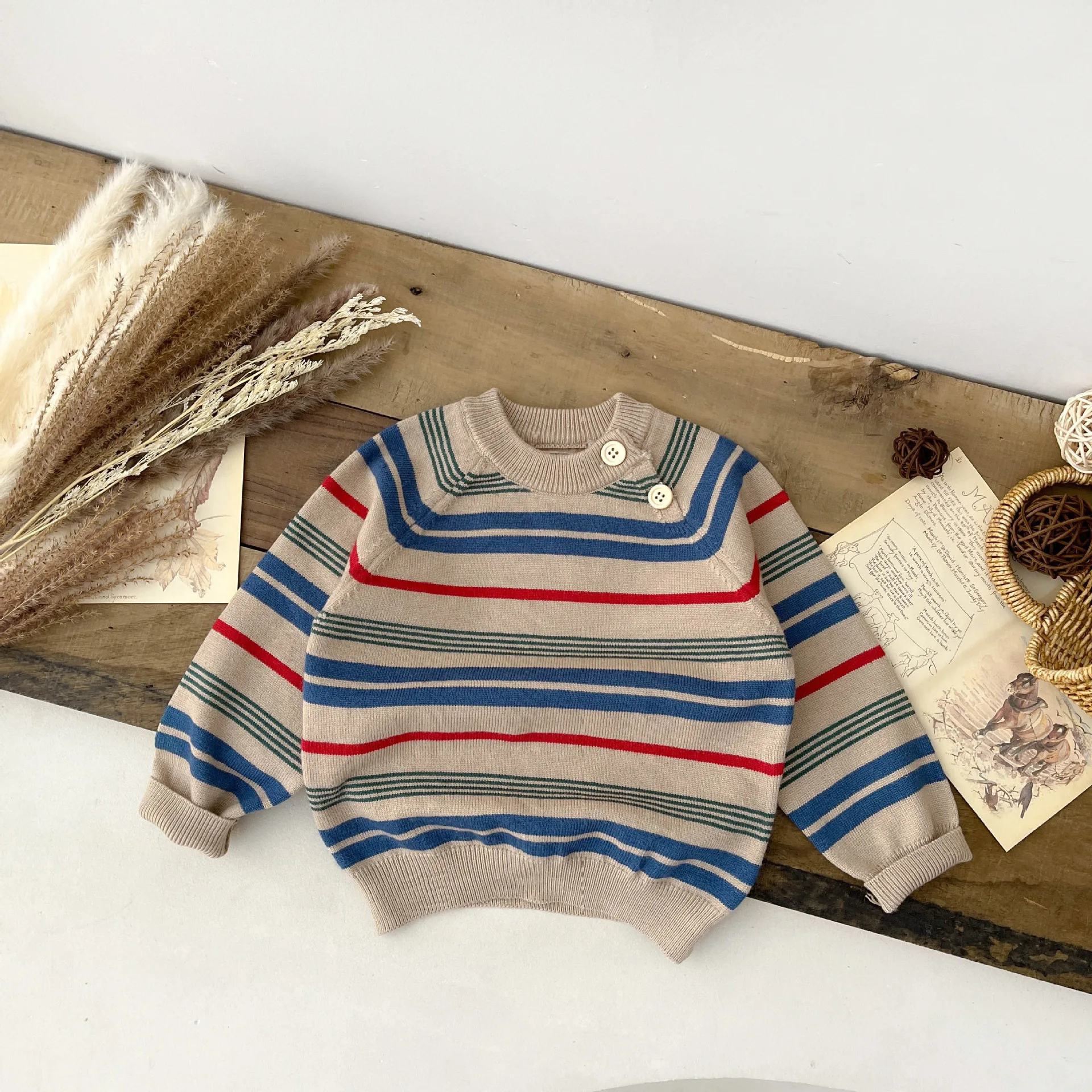 Autumn infant hooded Knit top kids stripe knitted embroidery twisted sweater baby girl clothes