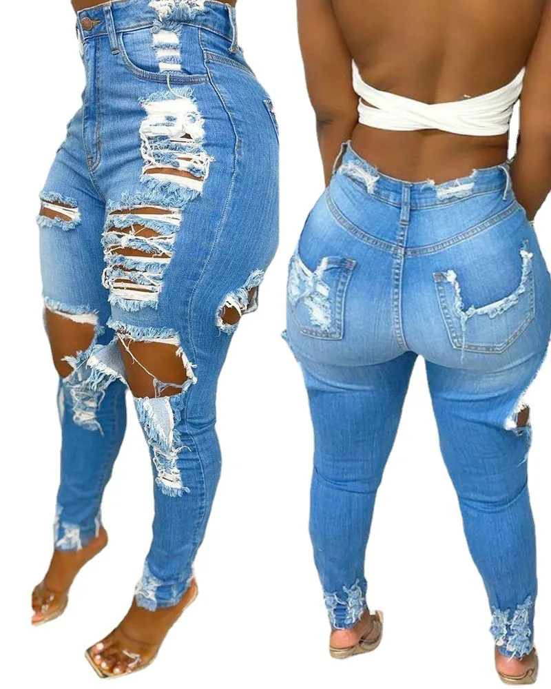 Women Fashion Plus Size Scratched Ripped Women's Jeans Pants manufacture