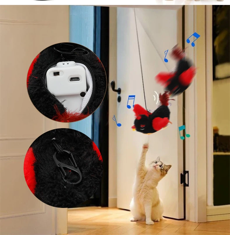 HOT Red Bird Cat Toys Touch Activated Flapping Wings Sparrow Interactive Smart Cat Toys USB Pet Products manufacture