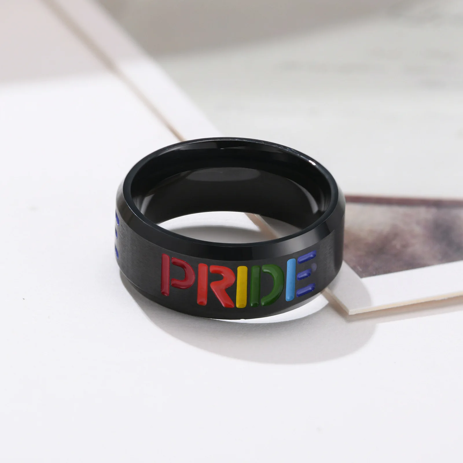 New Korea Black Gay Man Ring Stainless Steel Drop Glue Rainbow Ring Black Men Lgbt Gay Lesbian Wedding Band Pride Ring