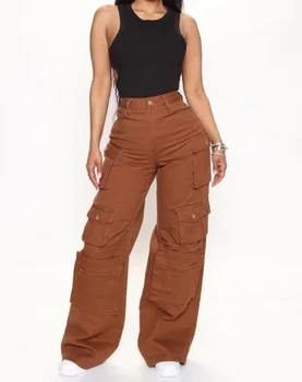 Low waisted women's fashionable brown workwear pants sexy and distinctive pocket cargo pants