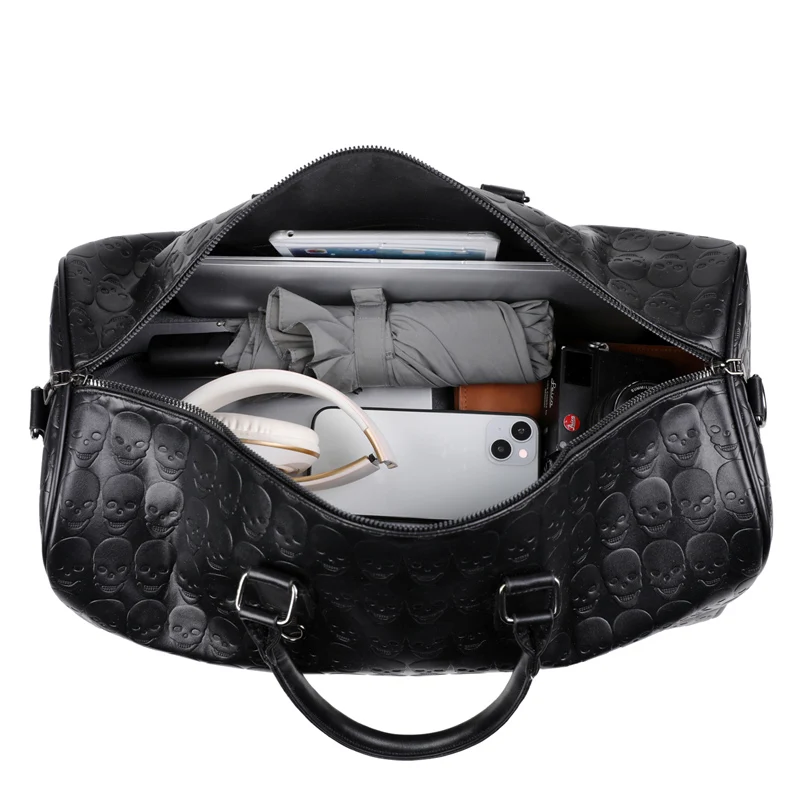 Large Capacity PU Leather Duffle Tote Bag Skull Embossed Print Custom Style Luxury Designer Shoulder Travel Bag Women Men Sport