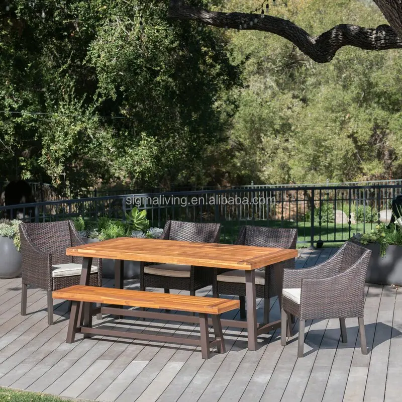 Luxury garden furniture outdoor rattan wicker chairs solid wood dinning set