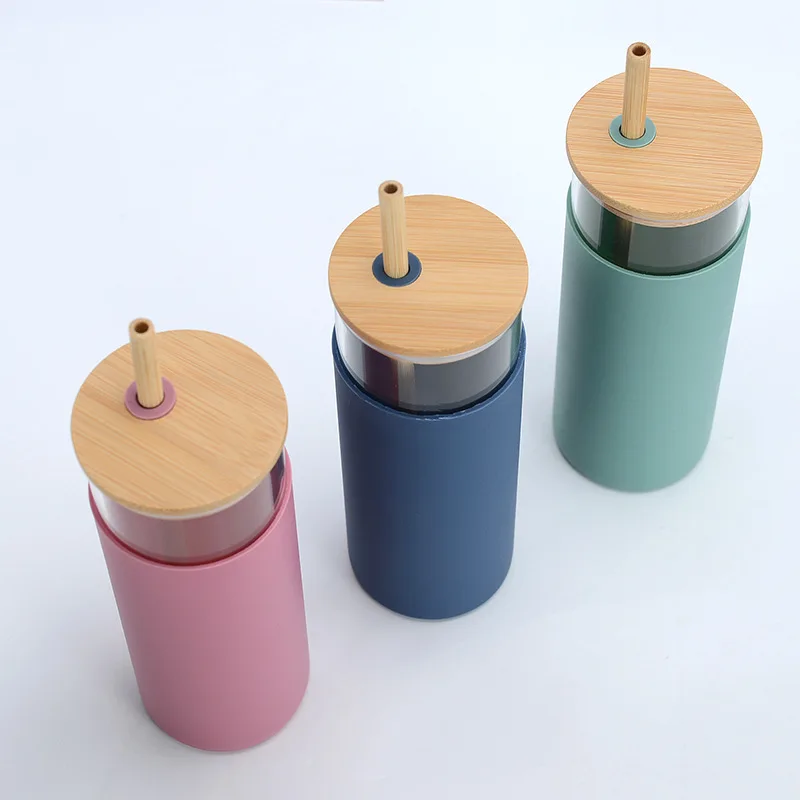 Glass water bottles with Lid and Straw tumbler Coffee Cup,Smoothie Cupsbamboo tumblers Through Silicone tumbler
