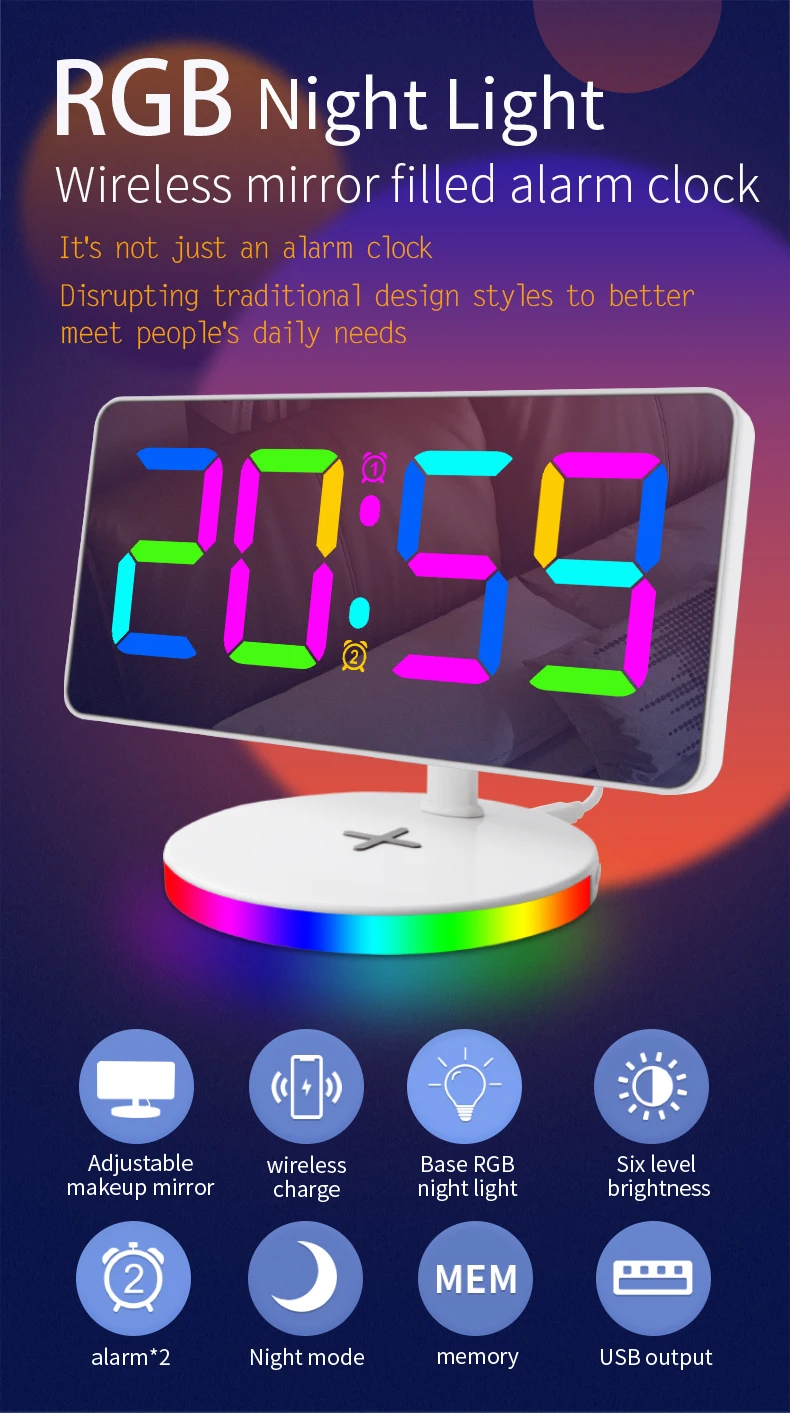 New Design LED Night Light Digital Alarm Clock 15W Fast Charging Station Wireless Charger with Alarm Clock