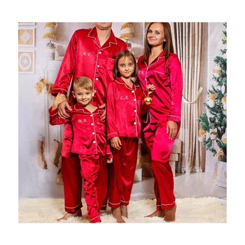 Adults Kids Custom 2 Piece Sleepwear Women Silk Satin Christmas Family Pajamas Matching Sets