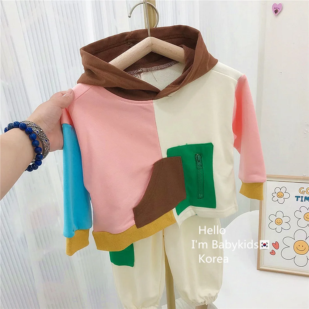 2022 fall new fashion baby girls clothing sets patchwork long sleeve hooded sweater tracksuits toddler boys girls outfits