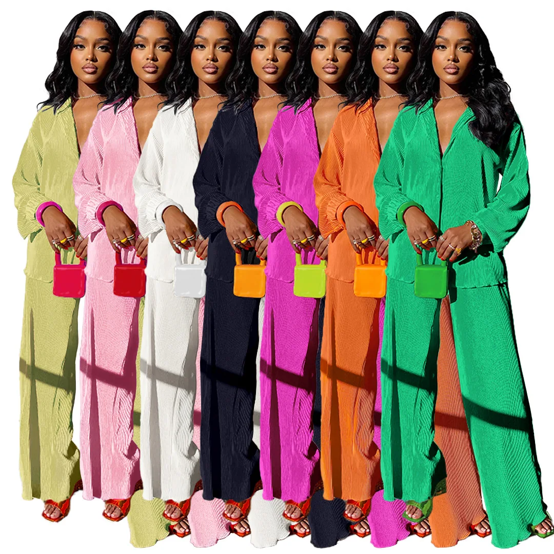Women's Set Long Sleeve Shirt Tops and Wide Leg Pants Elegant Tracksuit Two Piece Set Sweatsuit Fitness Outfits