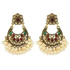 Pearl Factory Outlet Ethnic Style Antique Gold Alloy Hollow Resin Gems Pearl Tassel Indian Earrings