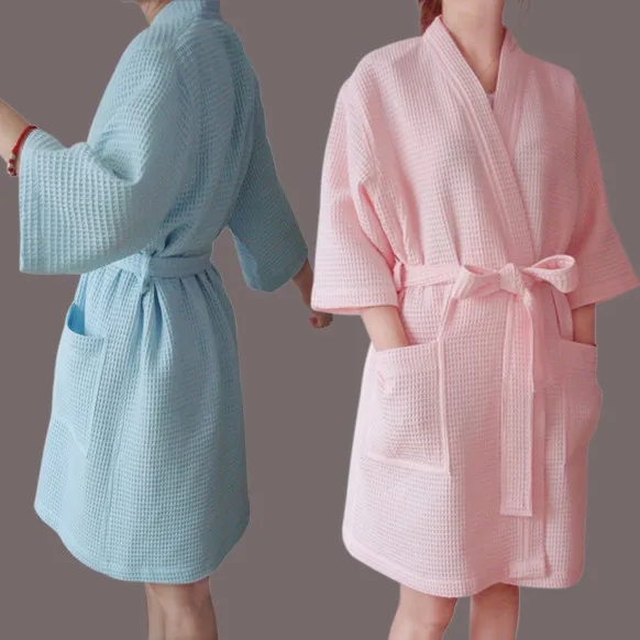Super absorbent cotton waffle weave bathrobe kimono collar women bath robe quick dry