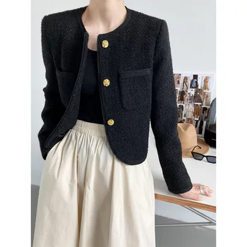 Wool Coat Women Black Vintage O Neck Plaid Tweed Jackets Golden Buttons Elegant Office Lady Outwear Korean